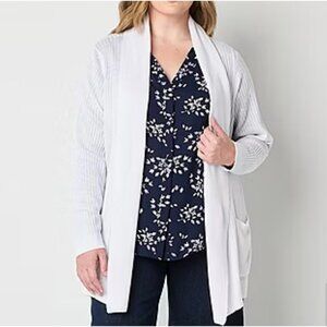 Liz Claiborne Cardigan‎ Sweater Womens White Open Front Ribbed Knit Pockets NWT